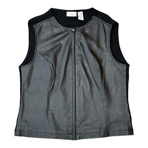 Jaclyn Smith Black Genuine Leather Vest XL Knit Zip Front Classic Minimalist